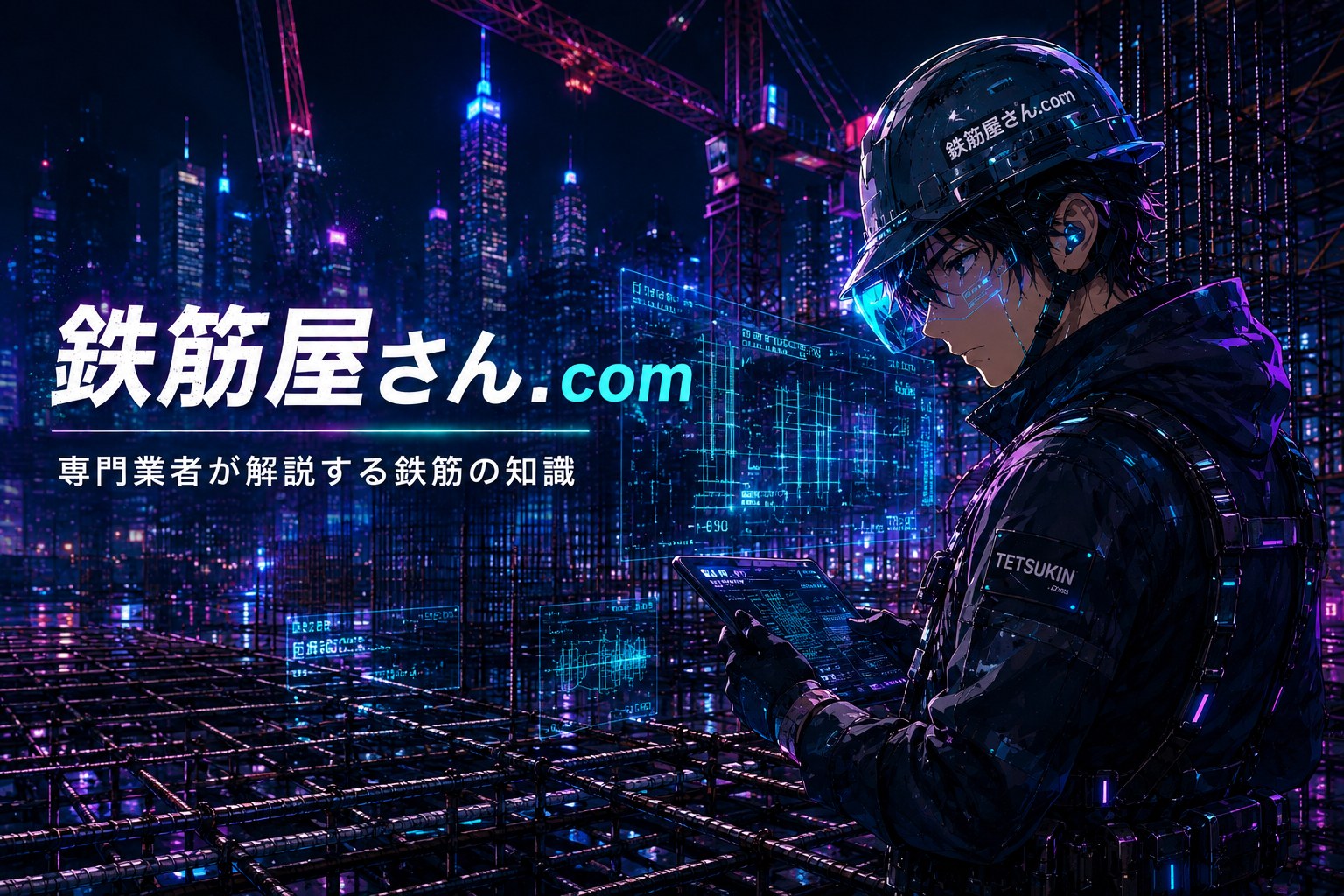 鉄筋屋さん.com｜専門業者が解説する鉄筋の知識。夜の建設現場で、ARの配筋図を確認する鉄筋職人
